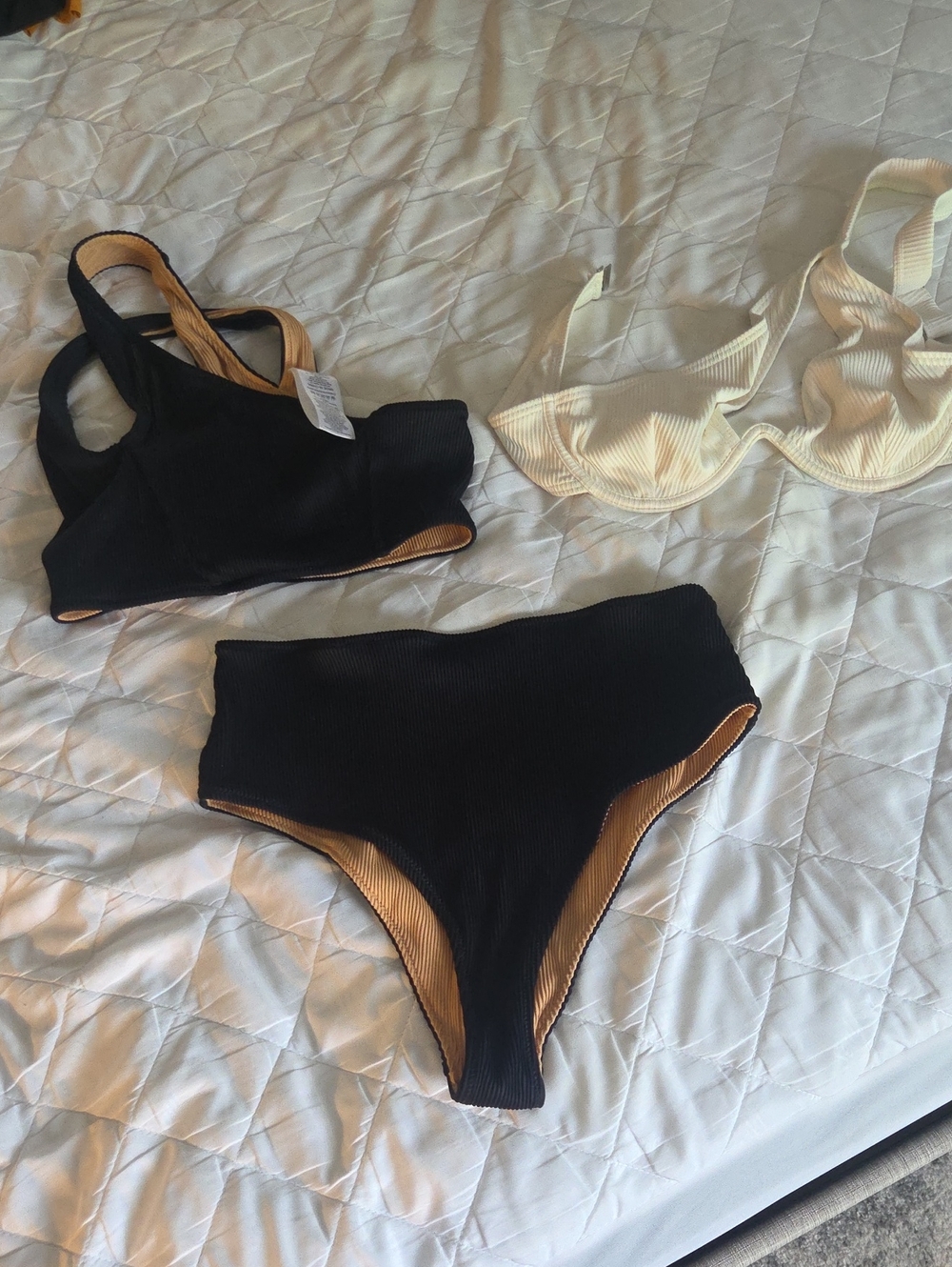 Black Ribbed Reversible Bikini Set With Extra Cream Rib Bikini Top
